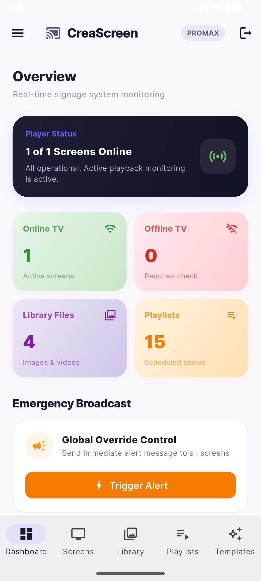 CreaScreen mobile dashboard showing screen status